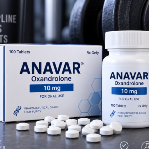 Anavar Oxandrolone bottle and box with white tablets on a dark background