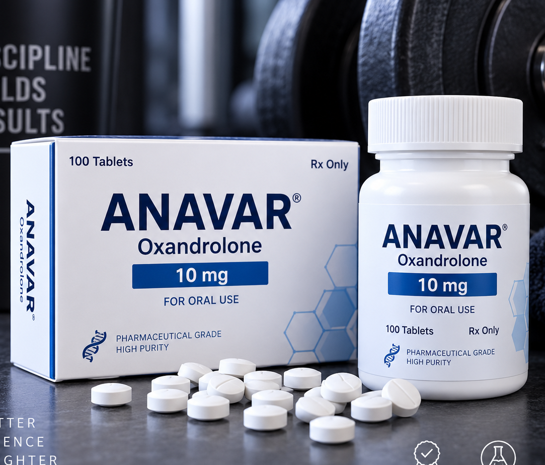 Anavar Oxandrolone – Product Image Anavar Oxandrolone bottle and box with white tablets on a dark background