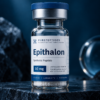 Epithalon 10mg peptide vial with blue cap and matching Peptide Insight packaging on a dark background