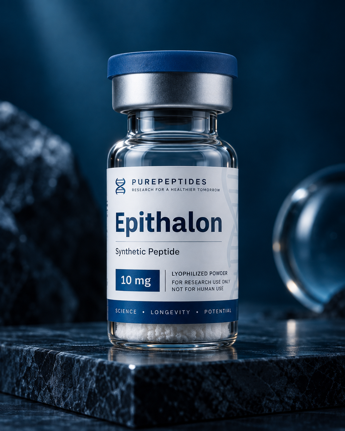 Epithalon 10mg – Peptide Insight Epithalon 10mg peptide vial with blue cap and matching Peptide Insight packaging on a dark background