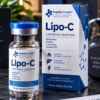 Lipo-C vial with blue cap and matching Peptide Insight packaging on a dark background
