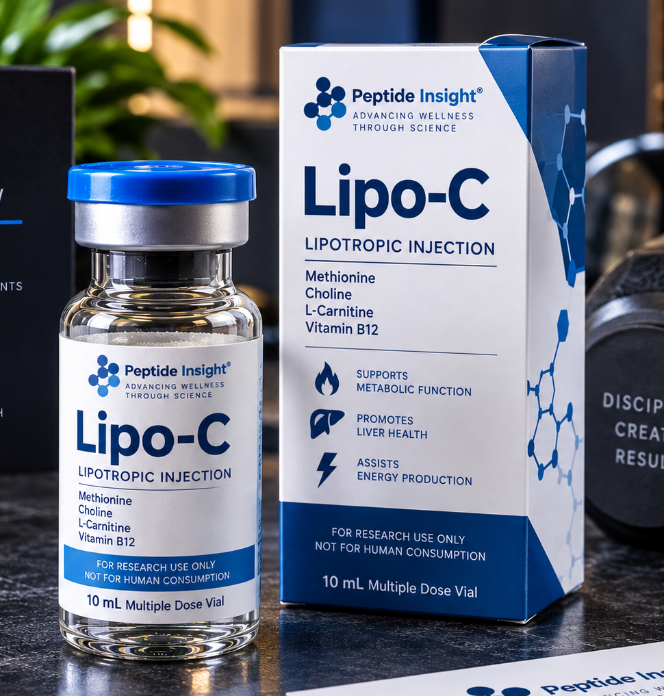 Lipo-C Product Vial and Packaging | Peptide Insight Lipo-C vial with blue cap and matching Peptide Insight packaging on a dark background