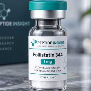 Follistatin 344 1mg vial with teal cap and Peptide Insight branding