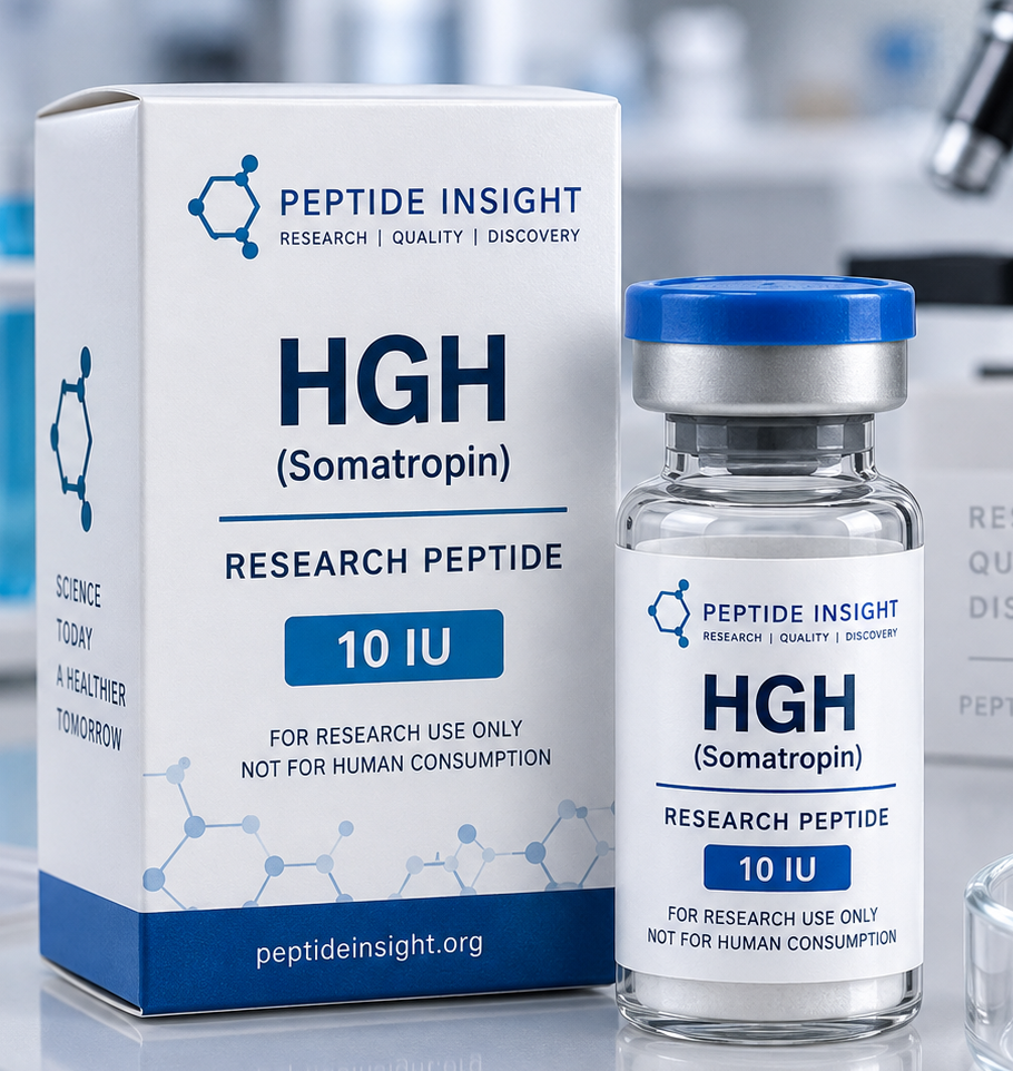 HGH Somatropin – Peptide Insight HGH Somatropin vial with blue cap and branded product packaging