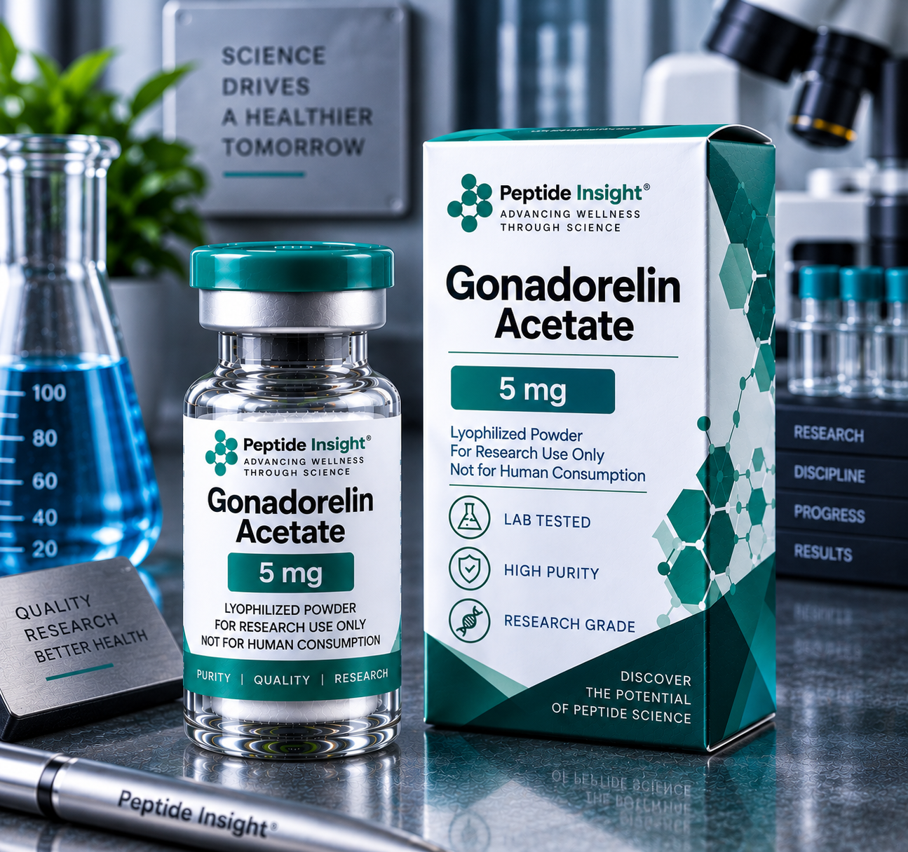 Gonadorelin Acetate 5mg – Peptide Insight Gonadorelin Acetate 5mg vial with teal cap and matching product packaging.
