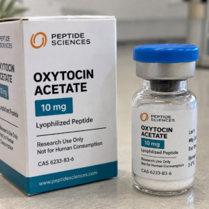 Oxytocin Acetate 10mg vial with blue cap and matching Peptide Sciences packaging