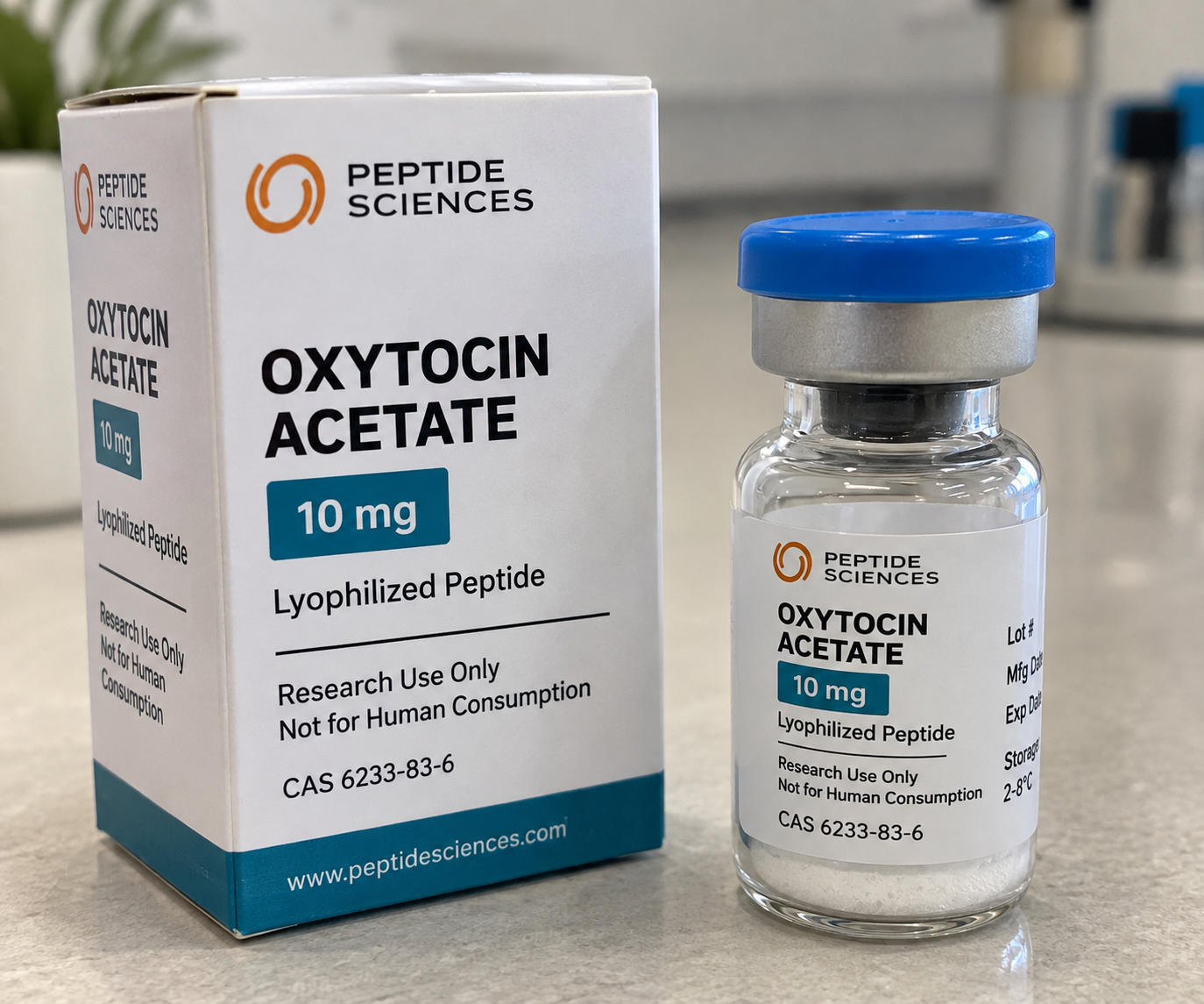 Oxytocin Acetate 10mg – Peptide Sciences Oxytocin Acetate 10mg vial with blue cap and matching Peptide Sciences packaging