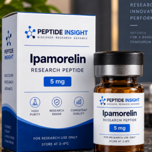 Ipamorelin 5mg blue glass vial with matching product packaging