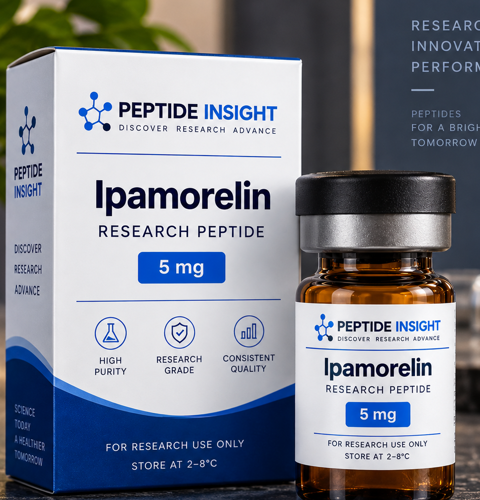 Ipamorelin 5mg – Peptide Insight Ipamorelin 5mg blue glass vial with matching product packaging