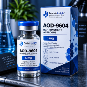 AOD-9604 5mg vial with blue cap and matching product packaging on a dark background