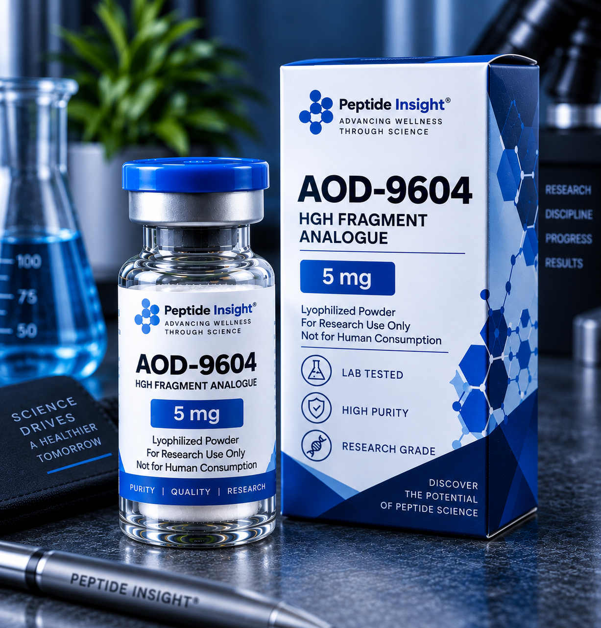 AOD-9604 5mg – Peptide Insight AOD-9604 5mg vial with blue cap and matching product packaging on a dark background
