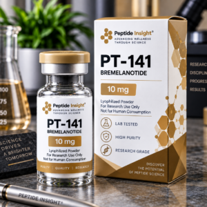 PT-141 Bremelanotide 10mg vial with gold cap and matching packaging on a dark background