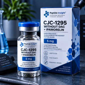CJC-1295 Without DAC and Ipamorelin peptide blend promotional image featuring a vial and packaging on a dark blue background