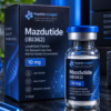 Mazdutide 10mg vial and matching dark blue product packaging