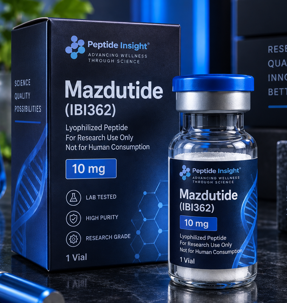 Mazdutide (IBI362) – Peptide Insight Mazdutide 10mg vial and matching dark blue product packaging